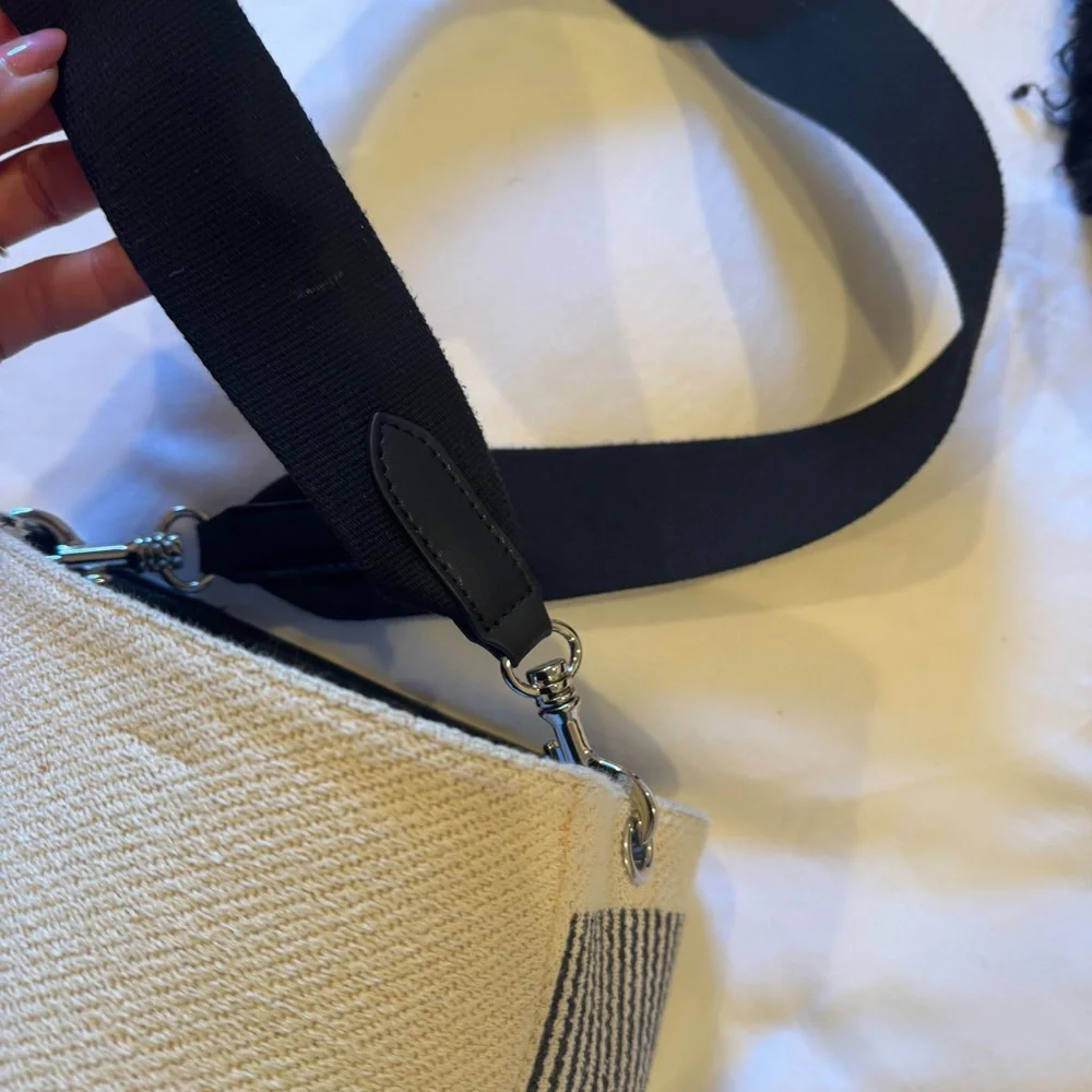 Celine Women Sangle Small Bucket Bag in Textured Canvas - White and Black - Picture 6 of 9